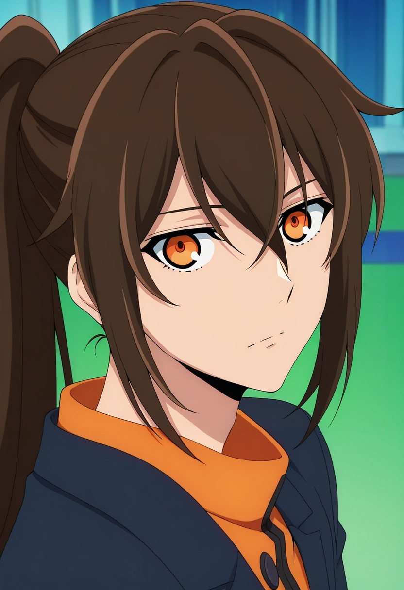 masterpiece, best quality, intricate details, anime screencap, anime coloring, official style, looking at viewer, 1boy, solo, male focus, <lora:twenty-fifth_bam_ilxl:0.9>, twenty-fifth_bam, brown hair, orange eyes, long hair, ponytail, bangs, hair between eyes, , ,