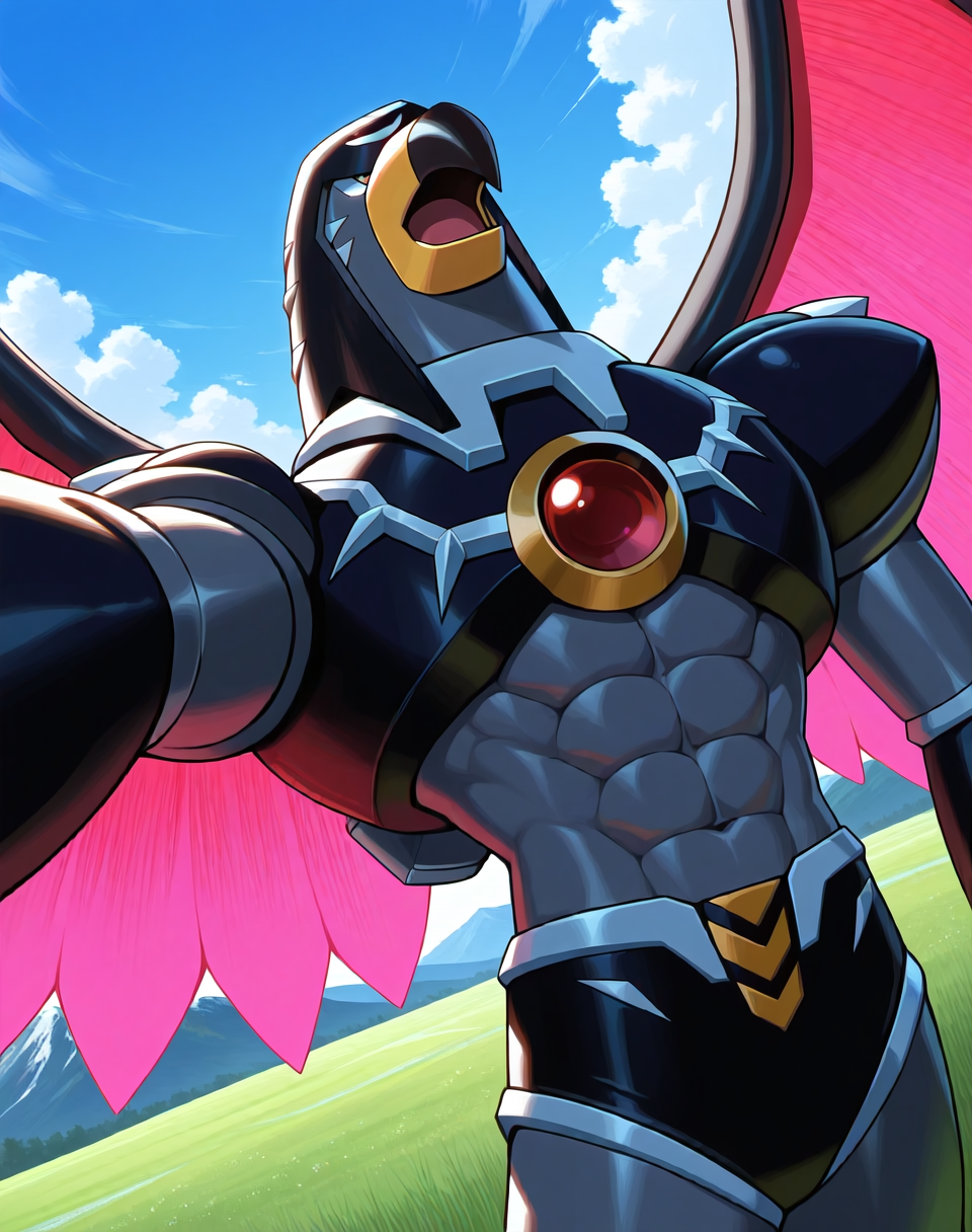<lora:Flame_Falcon_(Mega_Man_X)_(Illustrious)_(AD):1.35> Flame Falcon, reploid, MMX, 
exterior, blue sky with clouds, mountain valley, grassy valley,
dutch angle, dynamic action, cowboy shot,
male focus, intense shadows, dynamic shadows, intricate details, attention to details, gradient coloring, robot, bright vivid colors, deep metallic colors, glossy metal body, wings, beak, abs, 
BREAK very awa, masterpiece, best quality, amazing quality, very aesthetic, highres, absurdres,
EZRealPONYXL, zPDXL, Smooth Quality, lazynsfw,