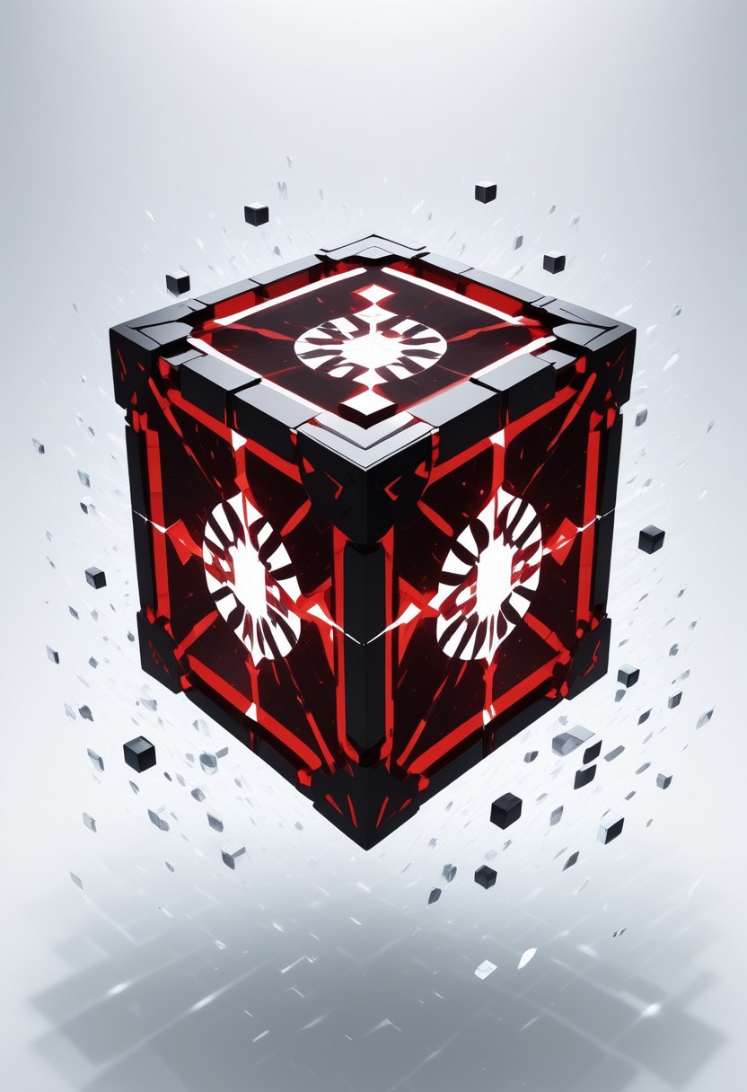 (masterpiece), best quality, Anime, (Floating Cube), White Background, No Humans, Black and Red Theme, (Light Refraction), Symphtia-Style