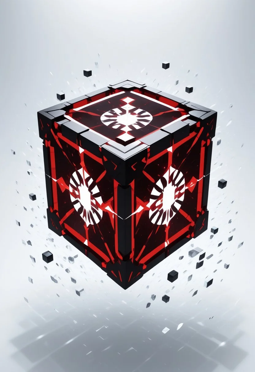 (masterpiece), best quality, Anime, (Floating Cube), White Background, No Humans, Black and Red Theme, (Light Refraction), Symphtia-Style