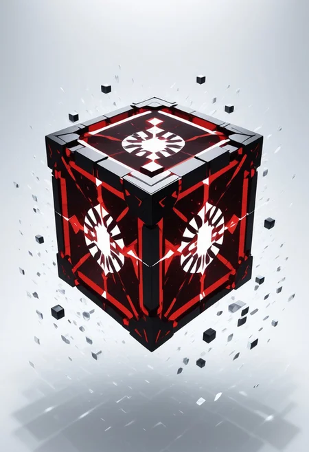 (masterpiece), best quality, Anime, (Floating Cube), White Background, No Humans, Black and Red Theme, (Light Refraction), Symphtia-Style