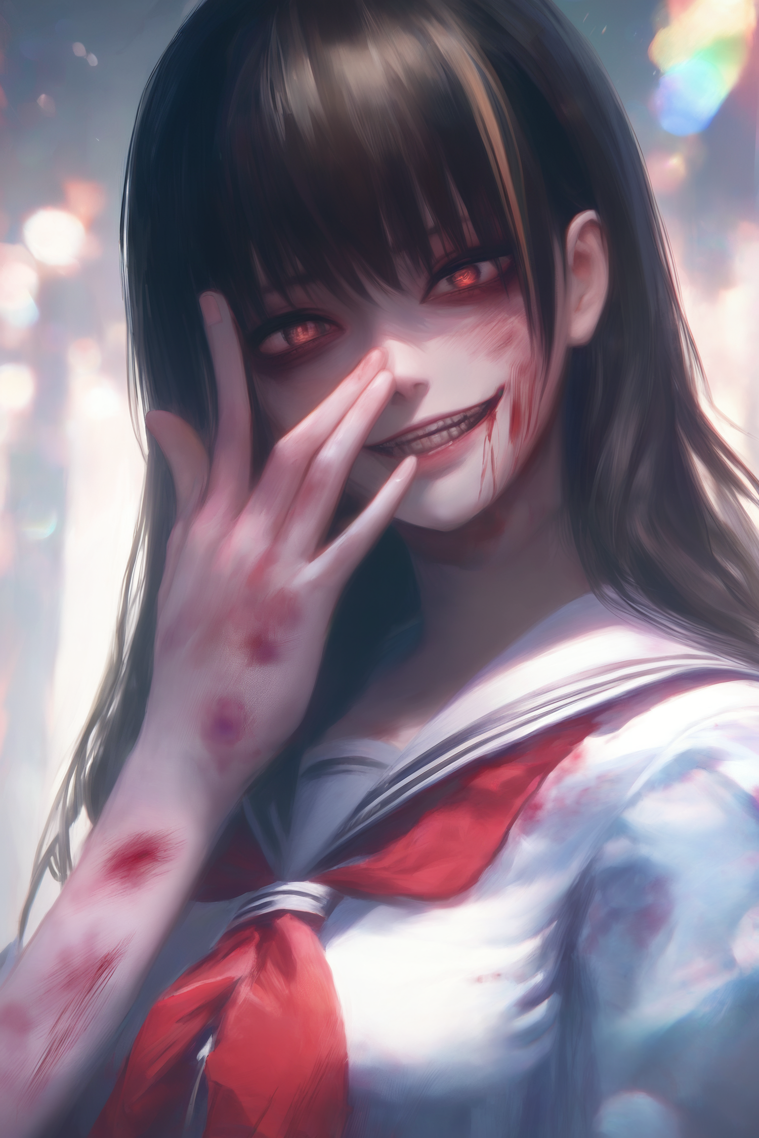 score_9,score_8,score_7_up,masterpiece, best quality, portrait, illustration, high detailed,bokeh,foreshortening, 
nanami \(doa\), 1girl,solo,long hair,[streaked hair], bangs, [hair over eyes],eyeshadow, standing,hand on own face, glowing skin,japanese,school uniform, looking at viewer ,bruise_on_face, blood_on_hands,crazy, 
A hand-drawn painting with rough, emotive strokes, in an oil painting style, surreal images, unreal eginer 5, higher resolution textures, 4k graphic resolution, dimly lit, high detailed shading, video games, horror, creepy, dark,
 <lora:doa_nanami_pdxl_v20:0.6>