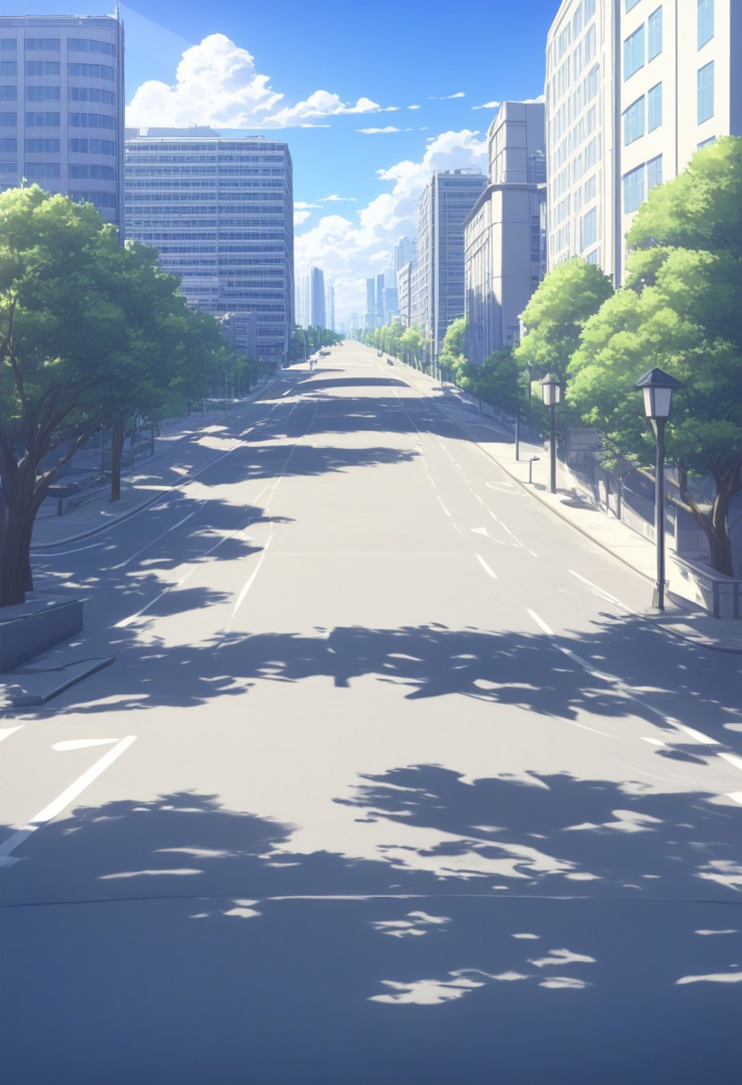 masterpiece, absurdres, best quality, Versabg, sky, tree, cloud, outdoors, scenery, no humans, building, day, blue sky, city, road, shadow, cityscape, street, lamppost, cloudy sky, sunlight