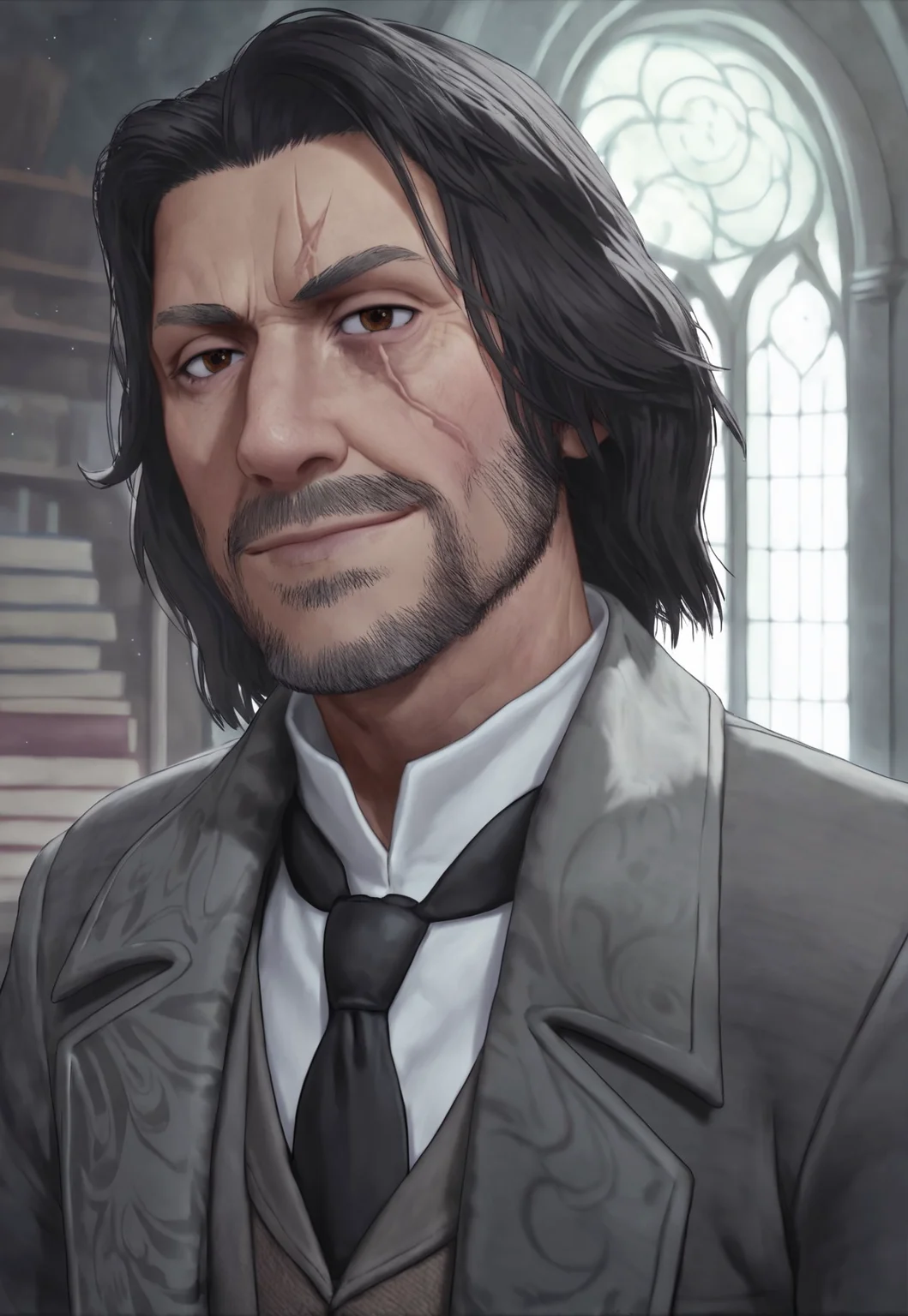 score_9, score_8_up, AesopSharp, relistic, medium hair, facial hair, beard, black hair, brown eyes, necktie, shirt, dark grey coat, brown vest, scar on face, portrait, looking at viewer, smile, detailed background, alchemist lab, books, potions, window, dynamic pose,