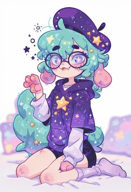 smooth quality, masterpiece, absurdres, very_aesthetic, colorful, pastel colors, freckles, momosp, galaxy,
BREAK
((tired, slim_body, sleepy, slight smile, body blush, soft skin, animal ears, kemonomimi, androgynous, otoko no ko, well developed face, purple eyes, big eyes, big pupils, turquoise hair, short hair, low ponytail, large ears, fluffy ears, (floppy ears:1.5), eyeliner, black eyeliner, purple eyeshadow, turquoise fox tail, fangs, dog nose, star decorations, white shirt, shorts, purple hoodie, short over long sleeves, long socks, paws, purple beret, scrawny, focused, calm, warm, cozy, oversized glasses))
BREAK
solo, tanzanite, diivstyle, best quality, flat color, no lineart, no outline, blurry background, depth of field, thick eyelashes, goth, black ink, looking at viewer
BREAK
paw_pose, cute, smile, white background