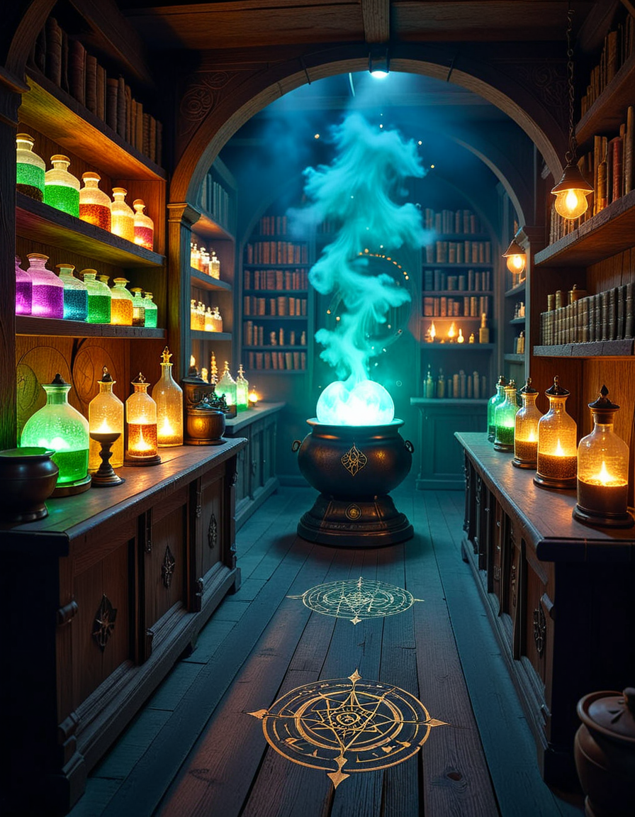 A dimly lit, mysterious alchemy shop filled with ancient books, glowing potions, and strange magical artifacts. Wooden shelves, covered in dust and cobwebs, are packed with glass bottles containing bubbling liquids in deep purples, shimmering golds, and eerie greens. The air is thick with swirling mist, and candlelight flickers, casting long shadows across the stone walls. In the foreground, an old wooden counter holds an open grimoire, alongside mortar and pestles, dried herbs, and mysterious symbols carved into the surface. Strange objects like a levitating crystal orb, a preserved dragonâs eye in a jar, and an enchanted dagger with glowing runes are displayed throughout the space. A bubbling cauldron in the corner emits a soft, eerie glow, illuminating the intricate arcane symbols on the floor. The atmosphere is dark, mystical, and full of ancient secrets, evoking a sense of forgotten magic and hidden knowledge.
<lora:SDXLFaeTastic2400:0.4> <lora:extremely_detailed:0.4> extremely detailed,<lora:mysterious_4lch3my_sh0p:1>,mysterious 4lch3my sh0p, Masterpiece,best quality,hi res,8k,hi res,8k,award winning,(sharp focus, intricate, highly detailed),