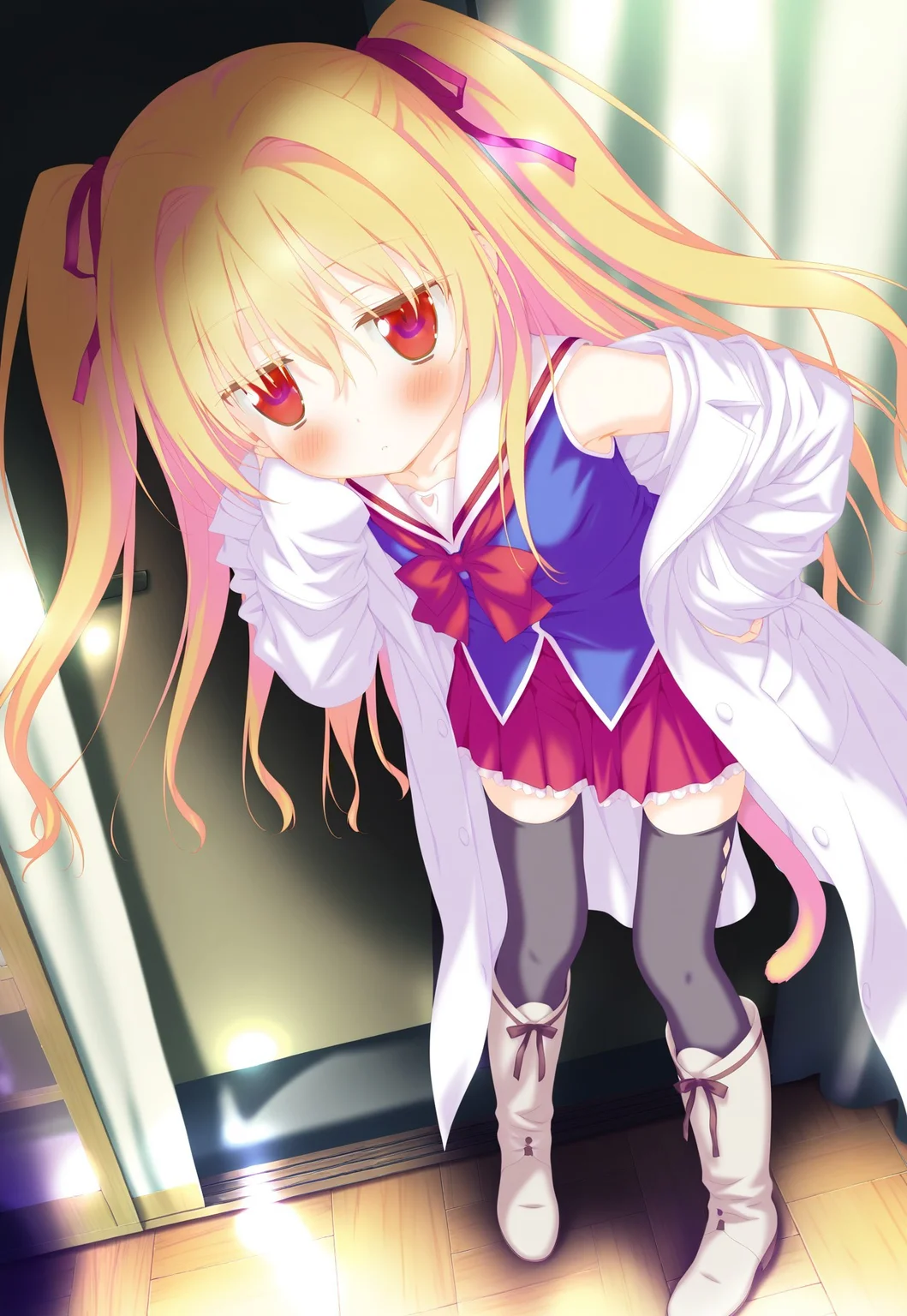 masterpiece,best quality,amazing quality,very aesthetic,absurdres,newest,dynamic_angle,shida kazuhiro,
<lora:Nikaidou Shinku v3-XL:1>,nikaidou shinku,1girl,solo,blonde hair,red eyes,long hair,hair intakes,full body,cloth boots,black thighhighs,off shoulder,serafuku,blue school uniform,two side up,red skirt,hair ribbon,bow,lab coat,looking at viewer,blush,cat ear, cat tail,room,jitome,