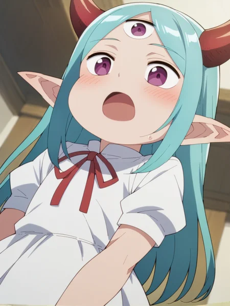 score_9, score_8_up, score_7_up, score_6_up, score_5_up, score_4_up,
source_anime,rating_safe,
1girl,solo,
<lora:lv1maou_b_v1:1>, lv1maou_b, horns, pointy ears, aqua hair, purple eyes,
blush,open mouth,
white dress, from below,