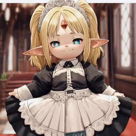 1girl, solo, best quality, masterpiece, lalafell, pointy ears, shortstack. twintails, blonde, maid, blue eyes, cute, light freckles, smug, alp, reset_kalar, symbol-shaped pupils,