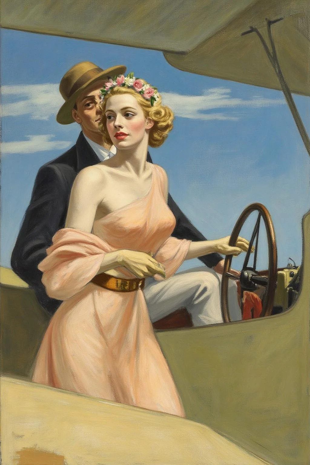 edwardhopper1 painting. A romantic scene of a couple on a vintage biplane. The woman, in the foreground, is a stylish woman with curly blonde hair adorned with a flower garland and wearing a light, flowing, peach-colored dress with a wide belt, a matching hat, and gloves. The man is piloting the biplane with his hands firmly on the steering wheel. <lora:edwardhopper1_cap_d8a4e11:1.0><lora:847373453366399430:0>