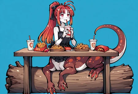 1girl, Goth girl, :3, amphibian eyes, blue background, bow, centauroid, colored skin, hair bow, hair ornament, hair ribbon, log, long hair, looking up, sitting on log, monster girl, multicolored hair, multicolored skin, red eyes, red hair, ribbon, salamander, tail, taur, webbed feet , webbed hands, , antenna hair, cup, disposable cup, drinking, drinking straw, drinking straw in mouth, food, french fries, high ponytail, holding, holding cup, long hair, ponytail, pov across table, restaurant, table, wristband,
(masterpiece:1.2),(best quality:1.2), monochrome, sketch, (flat color:0.5), (Semi realistic:0.3), (minimalistic:0.6), ink scenery, muted color, ink art , newest, ai-generated,anime screencap, intricate details, tokiame, afkArenaStyle, ,flatstyle, flat color, outlines,