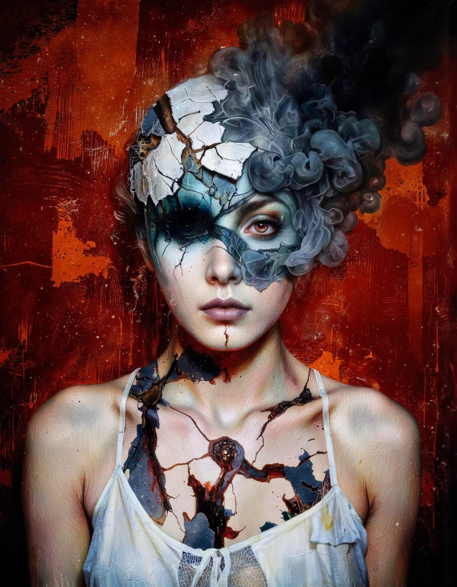 Art by Mario Nevado. This is a high-quality digital painting, depicting a haunting, spectral woman with a cracked, decaying face. She has striking red eyes, and her left eye is obscured by a dark, smoky substance. She wears a torn, white dress with dark, jagged cracks. The background is a textured, fiery red, adding a sense of intensity. The image uses a dramatic color palette and a chiaroscuro effect, emphasizing the subject's eerie, otherworldly appearance. The composition follows the rule of thirds, with the woman's face and eye positioned along the intersecting lines. The depth of field is shallow, keeping the background in focus.