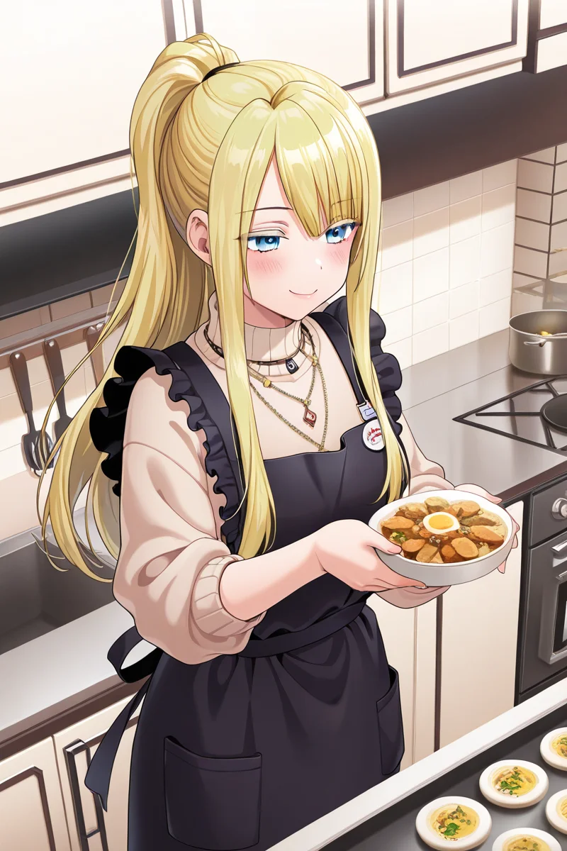 masterpiece, best quality, amazing quality,
<lora:Neo_IL:1> neo, 1girl, solo, apron, long hair, blonde hair, ponytail, smile, black apron, food, jewelry, bangs, kitchen, necklace, holding, sweater, indoors, blush