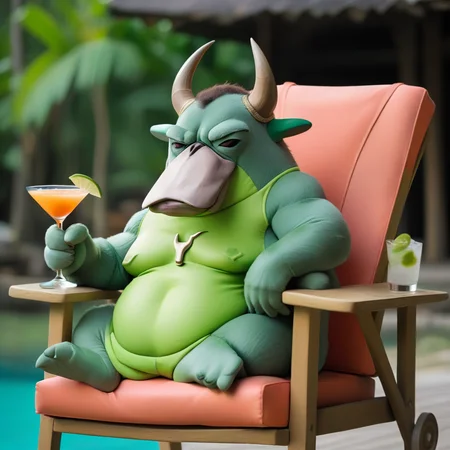 (muscular:1.7) (wassie:1.8) bull market bro trader on vacation in thailand, sitting on a chair, holding a cocktail, green body, horns, rich,<lora:231117_newmantagwassersv2:1>