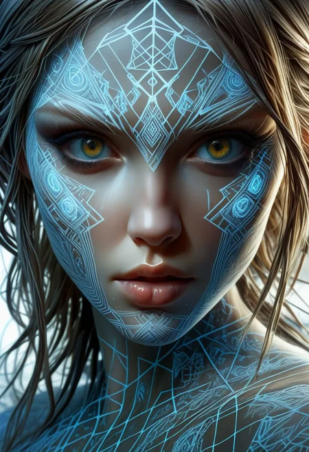 Nordic Rune on girls face, close-up, by Minjae Lee, Carne Griffiths, Emily Kell, Steve McCurry, Geoffroy Thoorens, Aaron Horkey, Jordan Grimmer, Greg Rutkowski, amazing depth, double exposure, surreal, geometric patterns, intricately detailed, bokeh, perfect balanced, deep fine borders, artistic photorealism , smooth, great masterwork by Suiras <lora:add-detail-xl:2> <lora:Double_Exposure:0.5>