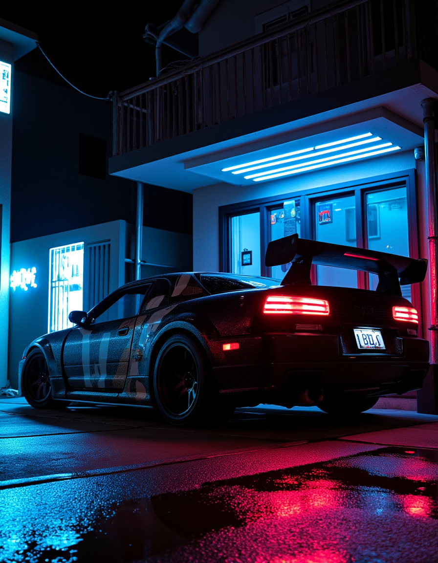 <lora:CWMinis01v2flux:1> cw01mini, cyberpunk, cyberpunk car, garbage, glow, glowing kanji, house, illuminated, low angle shot, low apartment, night, wet, reflections, car neons,