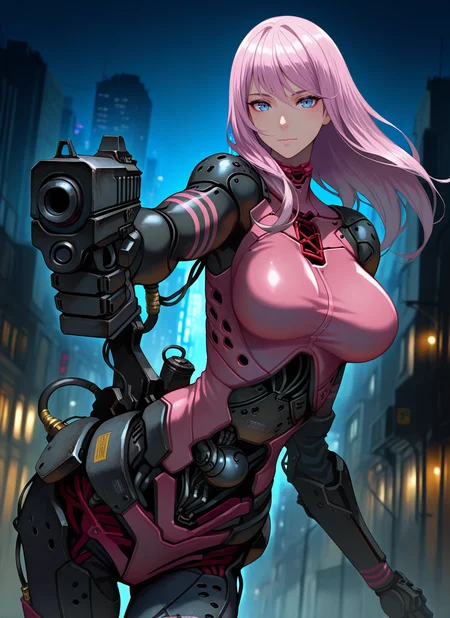 artist:, masterpiece, best quality, newest, very awa, absurdres, highres, jtts, 1girl, cyborg, cybernetic arms, black arms, cybernetic body, large weapon, machinery, cybernetic chest, clothed, aiming, pink outfit, looking at viewer, night, futuristic city, lights, detailed, <lora:SDXL\Illustrous\Jittsu_style:1.0>