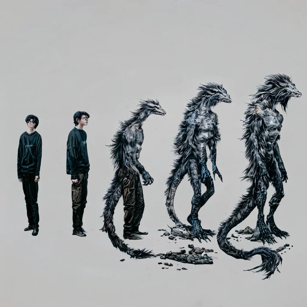 Realistic, score_9, score_8_up, score_7_up, darwintheory, man evolving, 5 stage evolution, on a flat white background, a dragon turning into a man , darwintheory, in the style of anime <lora:evolutionPonyXL:1> , darwintheory, animal evolving, anime style