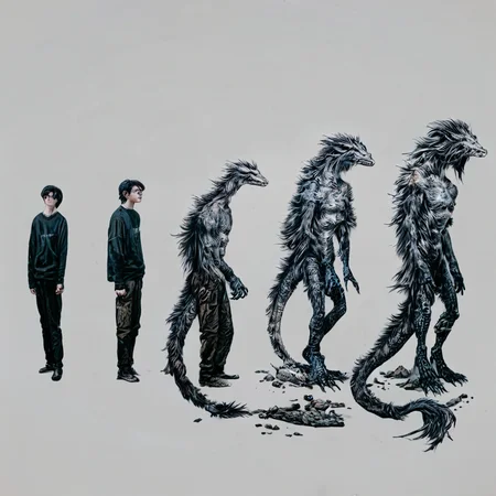Realistic, score_9, score_8_up, score_7_up, darwintheory, man evolving, 5 stage evolution, on a flat white background, a dragon turning into a man , darwintheory, in the style of anime <lora:evolutionPonyXL:1> , darwintheory, animal evolving, anime style