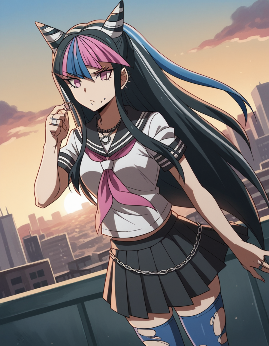score_9, score_8_up, score_7_up, source_anime, <lora:ibuki-mioda-s2-ponyxl-lora-nochekaiser:1>, ibuki mioda, black hair, blue hair, hair horns, ear piercing, lip piercing, long hair, multicolored hair, pink eyes, pink hair, white hair,, asymmetrical legwear, black skirt, blue thighhighs, jewelry, mismatched legwear, neckerchief, necklace, piercing, pleated skirt, ring, school uniform, serafuku, shirt, skirt, thighhighs, torn clothes, torn thighhighs, zettai ryouiki,, rooftop, sunset, cityscape, quiet moment, wind blowing, contemplative, , , arm flexed showing muscle, solo,, cowboy shot, dutch angle