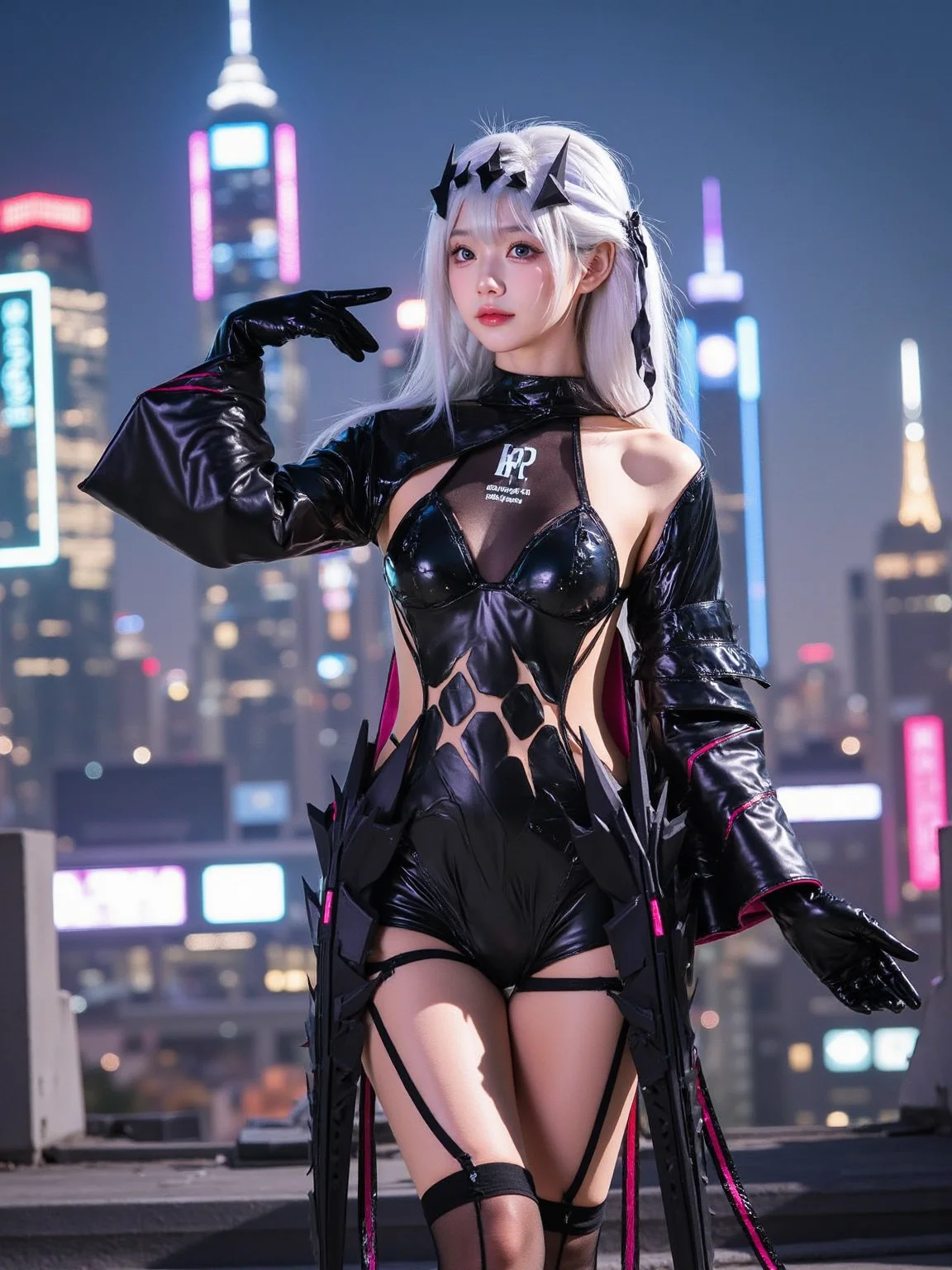 A realistic photo in cowboy shot of a tall and slim beautiful woman in cyb-modernia cosplay costume. She is also wearing black gloves and garter thighhighs. She has long white hair with hair ornament and hair ribbon. Her right hand is reaching out. She is in dynamic pose and standing on the edge of the roof with neon and led lights, and a futuristic cyberpunk skyline with skyscrapers. The photo is a full body shot with her entire body visible and with detail background.