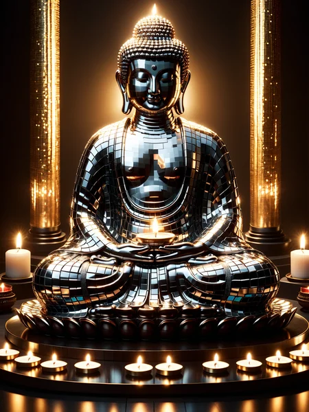 shiny buddha statue made of (mad-dscbll:1.4), sparkle, temple, shrine, tatami, candles, incense, reflections,spotlight from above<lora:Disco_Style_SDXL:1.0>, masterpiece, best quality, ultra high res, (photorealistic, realistic:1.2), deep shadow, raw photo, film grain, Fujifilm XT3, 8k uhd, dslr
