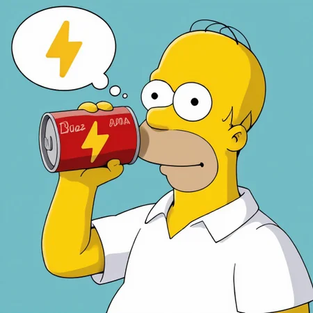 Homer Simpson, simpsons,  drinking from can, red soda can, lightning bolt symbols on can, buzz cola, thought bubble says mmmm buzz