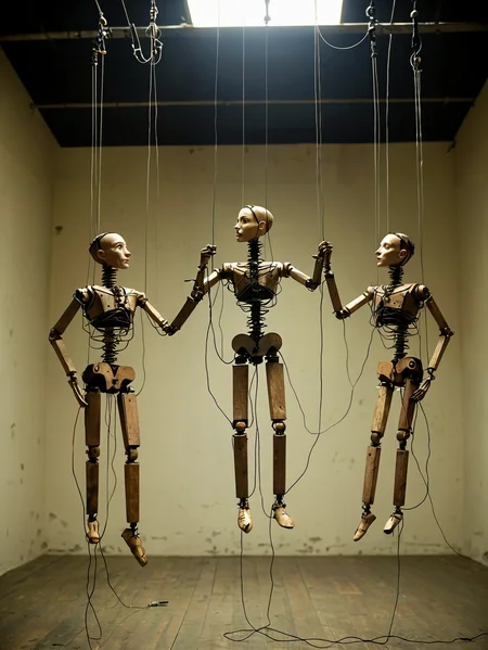 Professional photography.
Human marionettes, controlled by wires from the ceiling.