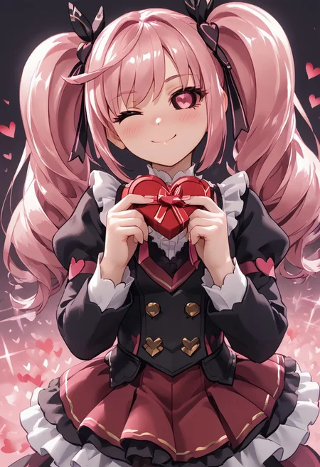 score_4,score_5,score_6,score_7_up,score_8_up,score_9 ((masterpiece,best quality,ultra detailed,highres,HD,4k:1.2)), 
1girl, solo,solo focus,girl focus,face focus,
Isola(Transformed),long hair,twintail,pink hair,pink eyes,black sclera, Eyes without highlights,
pov,from the front, front view, front angle, 
Happy Valentine's Day, Valentine's chocolate, holding wrapped chocolate, 
heart background, 
blush,((wink:1.1)), smile, happy, shy,closed mouth,