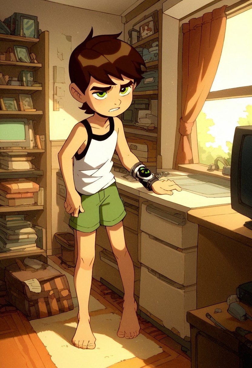 score_9, score_8_up, score_7_up, score_6_up, score_5_up, score_4_up, cute boy , standing, ((solo)), brown hair, green eyes, bracelet, sleepy ,
wear pijamas, tiny shorts , Tank top shirt , bare foot , messy bedroom , tv , games , windows , sun.