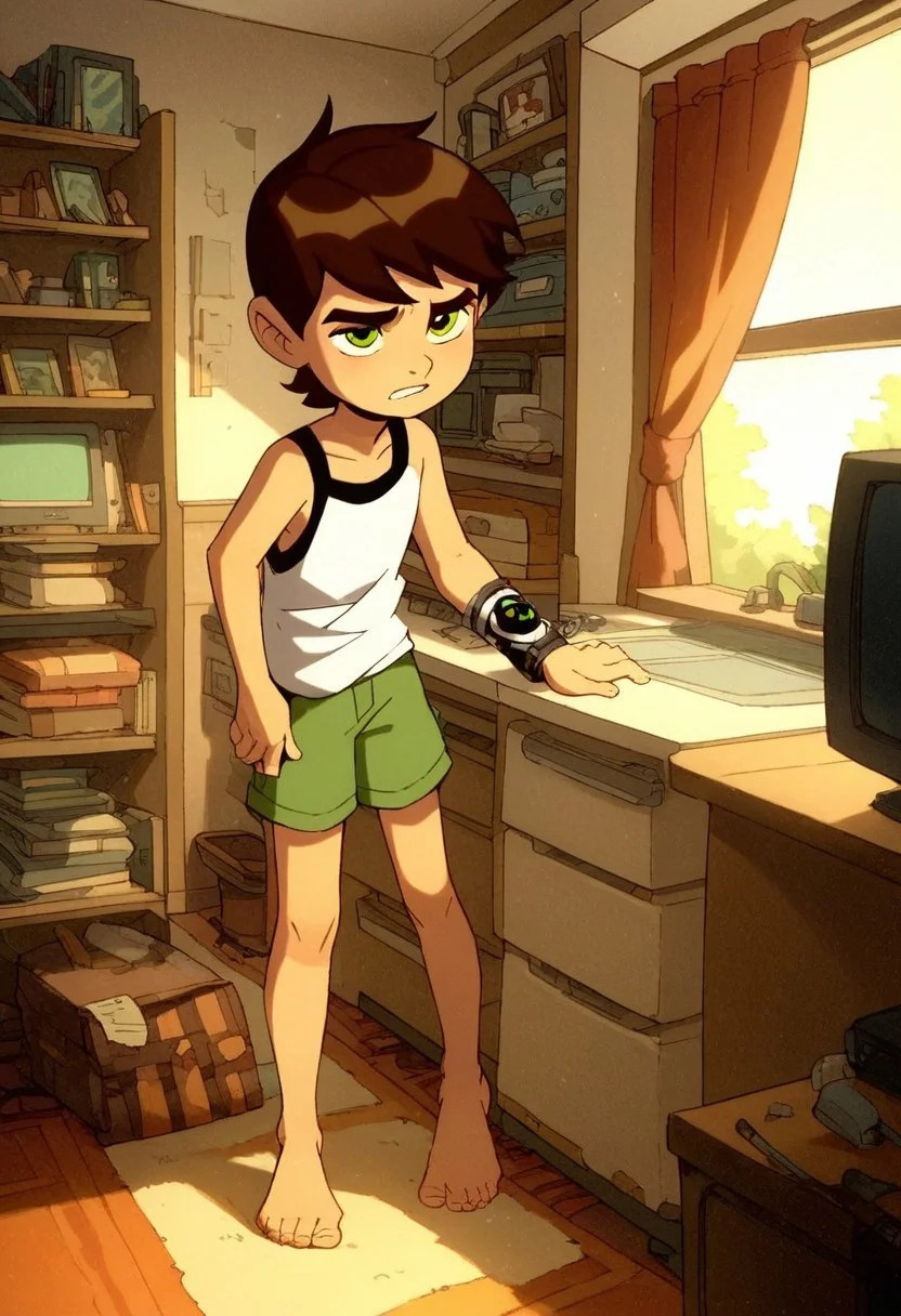 score_9, score_8_up, score_7_up, score_6_up, score_5_up, score_4_up, cute boy , standing, ((solo)), brown hair, green eyes, bracelet, sleepy ,
wear pijamas, tiny shorts , Tank top shirt , bare foot , messy bedroom , tv , games , windows , sun.