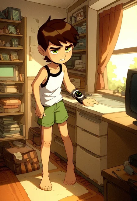 score_9, score_8_up, score_7_up, score_6_up, score_5_up, score_4_up, cute boy , standing, ((solo)), brown hair, green eyes, bracelet, sleepy ,
wear pijamas, tiny shorts , Tank top shirt , bare foot , messy bedroom , tv , games , windows , sun.