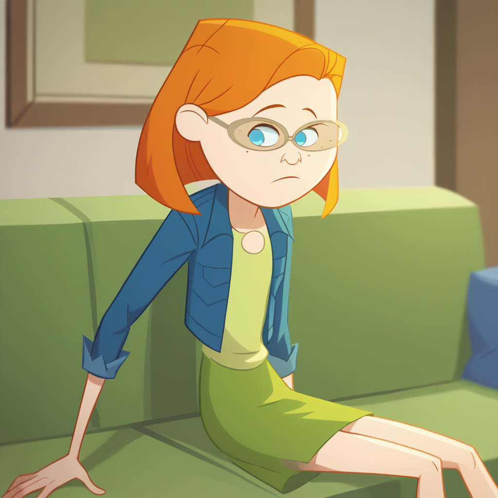 score_8_up, BREAK, 1girl, solo, zoeyhowzer, red hair, short hair, blue eyes, glasses, green shirt, jacket, green skirt, <lora:ZoeyHowzer_PXL_Leaf1:1>, indoors, on couch, depth of field,