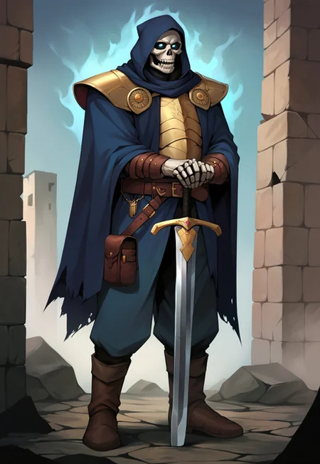 safe_pos, score_9, score_8_up, score_7_up, BREAK, source_anime, zPDXL3, NEGATIVE_HANDS, pathfinder portrait, undead, skeleton, armor, hood, belt, boots, cape, both-hand-hilt, hands on hilt, holding sword, planted sword, ruins, aura, emphasized-details