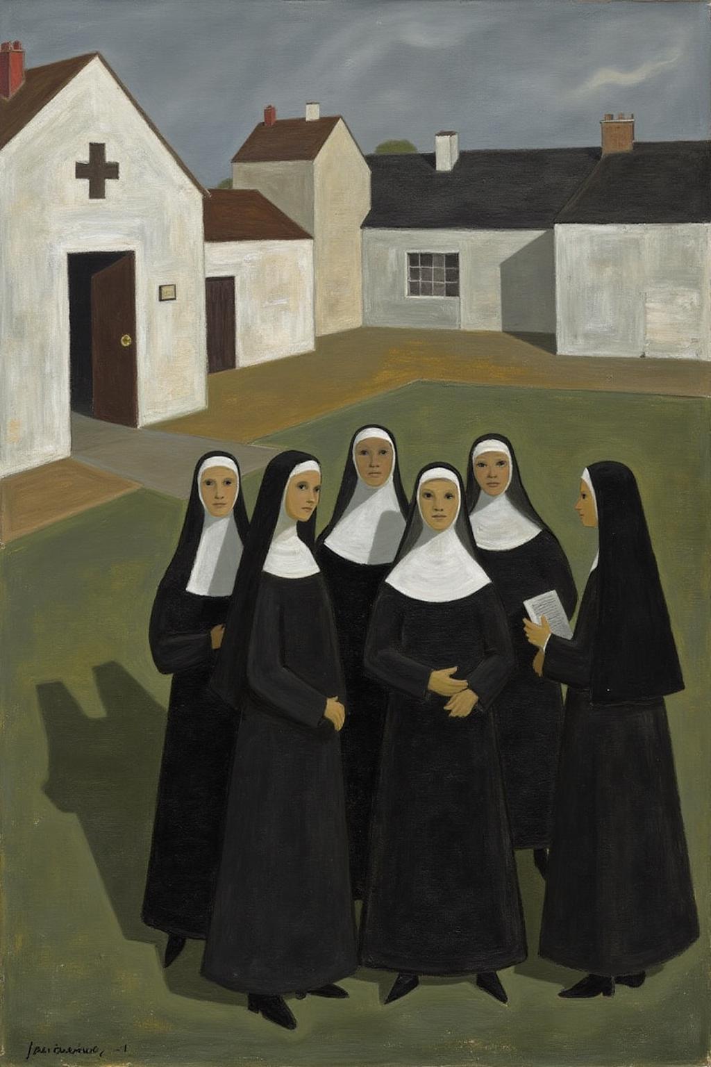 jeanpaullemieux1 painting.
A group of nuns is gathered in a courtyard, standing in a semi-circle. One nun holds a book or text. The convent is in the background. <lora:jeanpaullemieux1_cap_d6a3e8:1.0><lora:841076260378525939:0>