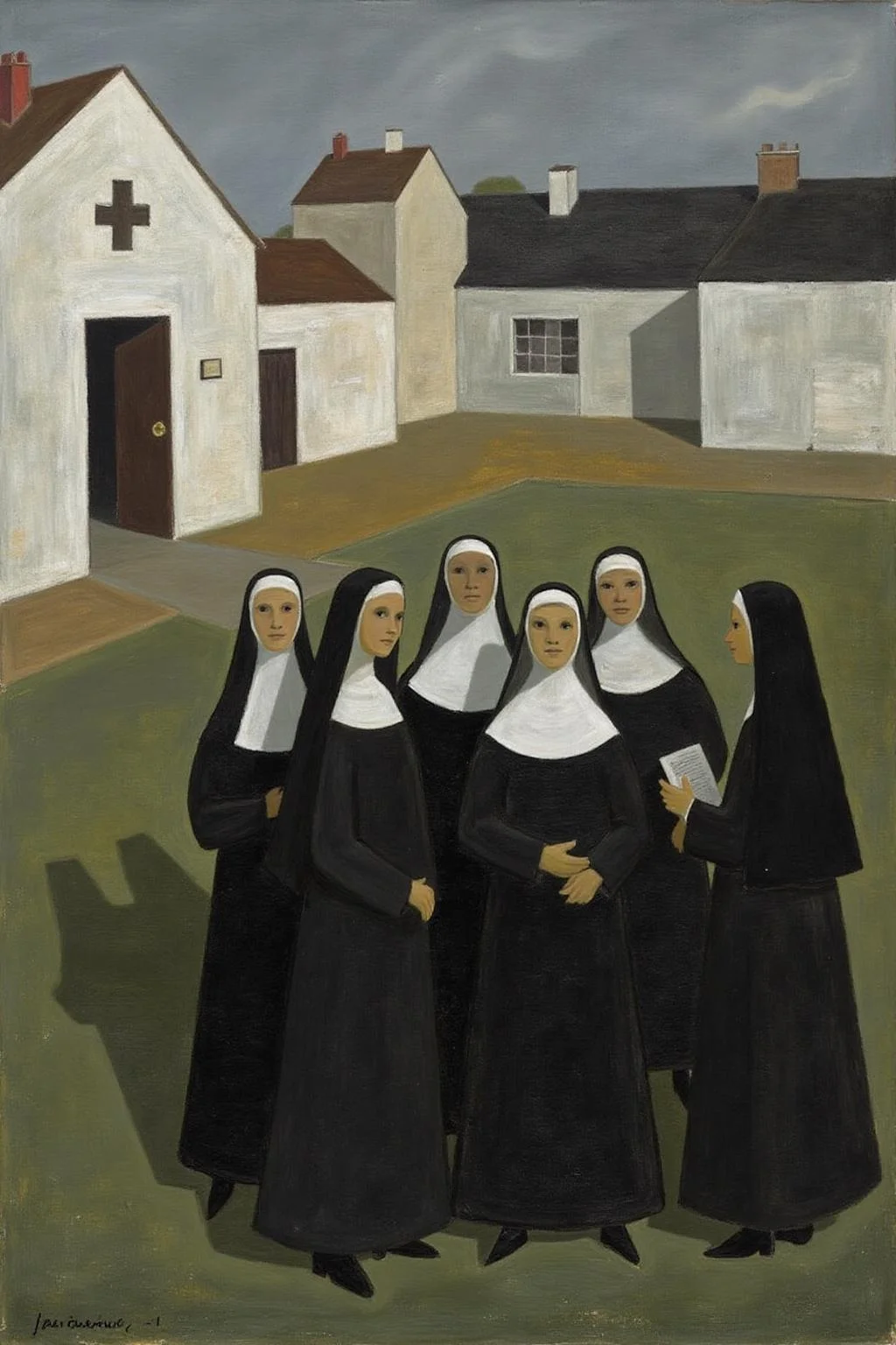 jeanpaullemieux1 painting.
A group of nuns is gathered in a courtyard, standing in a semi-circle. One nun holds a book or text. The convent is in the background. <lora:jeanpaullemieux1_cap_d6a3e8:1.0><lora:841076260378525939:0>