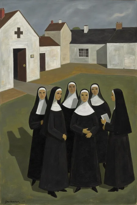 jeanpaullemieux1 painting.
A group of nuns is gathered in a courtyard, standing in a semi-circle. One nun holds a book or text. The convent is in the background. <lora:jeanpaullemieux1_cap_d6a3e8:1.0><lora:841076260378525939:0>