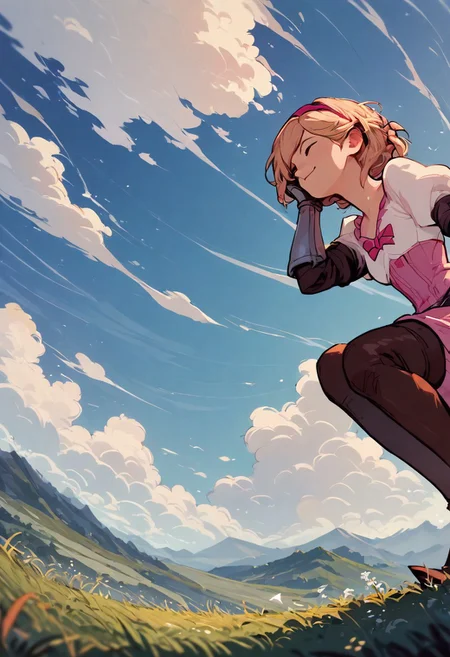 score_9, score_8_up, score_7_up, score_6_up, score_5_up, score_4_up, source_anime, 1girl, solo, djeetadef, pink hairband, dress, puffy sleeves, gauntlets, brown thighhighs, thigh boots, smile, adjusting hair, looking forward, sky, sitting on lawn, landscape, from below