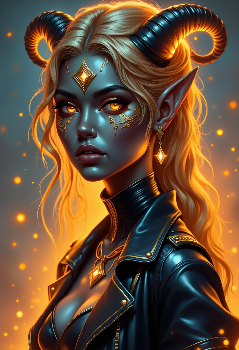yfg-sm0rg, A striking painterly speed-painting fantasy portrait of a dark elf with luminous golden hair cascading in silky waves, glowing like liquid fire against her deep midnight-blue skin. Her piercing golden eyes shimmer with an intense, almost ethereal glow, framed by long, dark lashes. Elegant black horns curve upward from her head, polished and smooth, merging seamlessly with her pointed ears. Delicate golden markings trace along her face and neck, glowing faintly like arcane energy, with a radiant diamond-shaped sigil on her forehead enhancing her mystical presence. She wears a dark leather jacket draped over a sleek, fitted garment, blending modern and fantasy aesthetics with effortless elegance. The background is a soft, muted twilight with scattered golden embers drifting through the air, enhancing the celestial atmosphere. The warm golden lighting reflects off her features, creating a rich interplay of light and shadow that adds depth and intensity to her regal, enigmatic aura. The artwork is rendered in a semi-realistic fantasy style, with fine details and a painterly quality that brings the character to life.