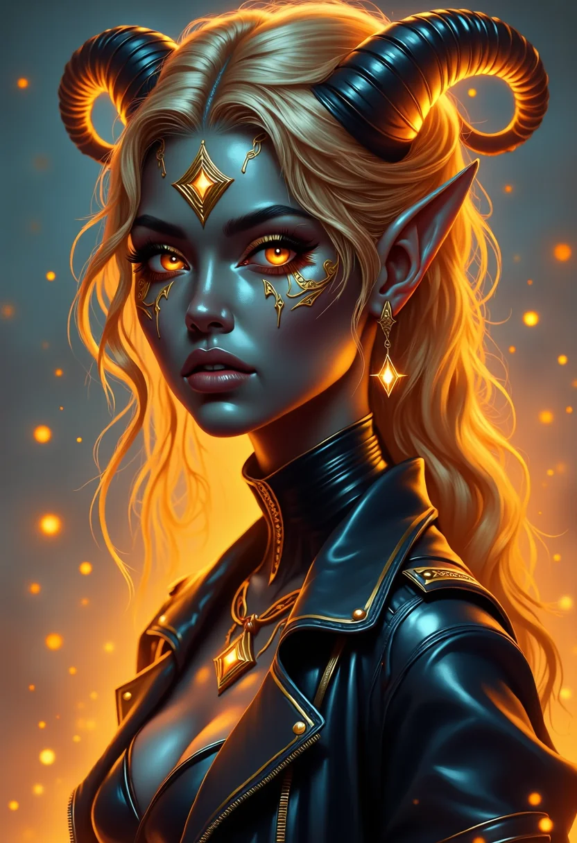 yfg-sm0rg, A striking painterly speed-painting fantasy portrait of a dark elf with luminous golden hair cascading in silky waves, glowing like liquid fire against her deep midnight-blue skin. Her piercing golden eyes shimmer with an intense, almost ethereal glow, framed by long, dark lashes. Elegant black horns curve upward from her head, polished and smooth, merging seamlessly with her pointed ears. Delicate golden markings trace along her face and neck, glowing faintly like arcane energy, with a radiant diamond-shaped sigil on her forehead enhancing her mystical presence. She wears a dark leather jacket draped over a sleek, fitted garment, blending modern and fantasy aesthetics with effortless elegance. The background is a soft, muted twilight with scattered golden embers drifting through the air, enhancing the celestial atmosphere. The warm golden lighting reflects off her features, creating a rich interplay of light and shadow that adds depth and intensity to her regal, enigmatic aura. The artwork is rendered in a semi-realistic fantasy style, with fine details and a painterly quality that brings the character to life.
