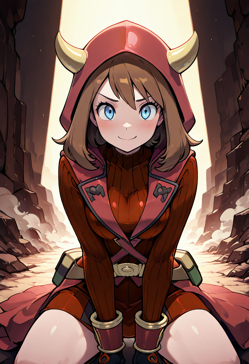 masterpiece, best quality, solo, curvy, beautiful eyes,  zzMayMagCitron, blue eyes, brown hair, medium hair, red dress, red gloves, hood up, fake horns, ribbed dress, ,<lora:MayMagmaPokemonCitron_IXL:1.0>, squatting, dynamic pose, cowboy shot, playful expression, looking at viewer, shiny skin,
