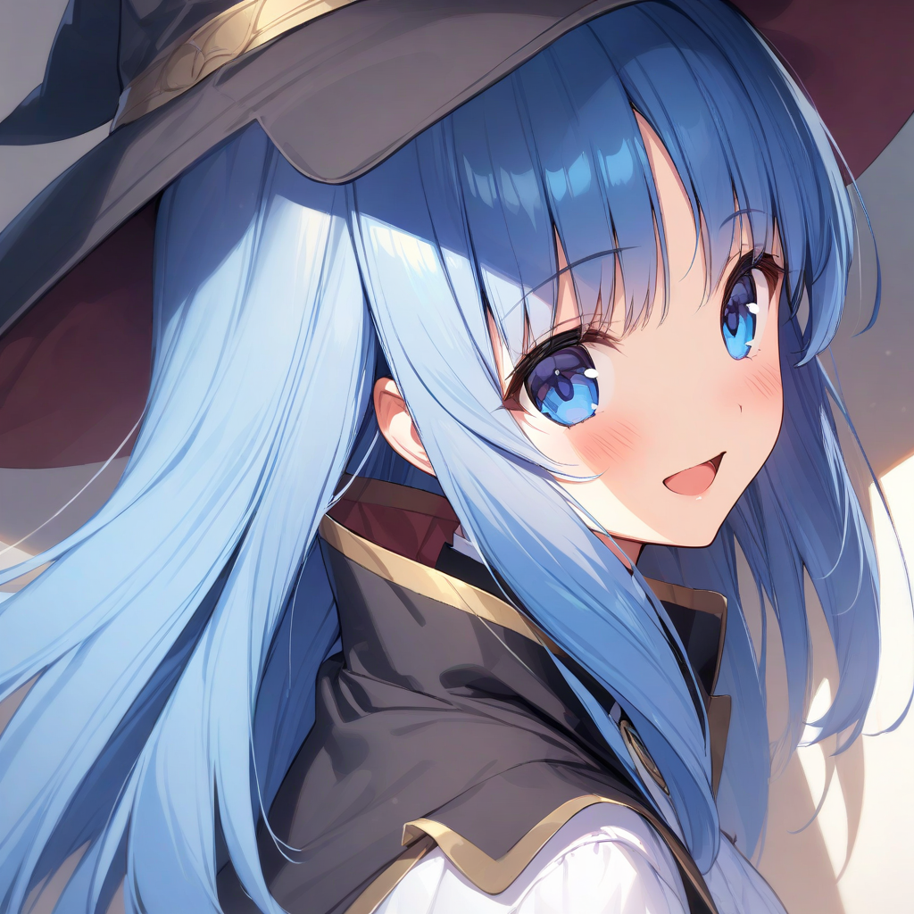 (masterpiece),(best quality),(ultra-detailed),(best illustration),(best shadow),(absurdres),(detailed background),(very aesthetic), chtholly(sukasuka), chtholly(sukasuka), 1girl, solo, blue hair, blue eyes, witch hat, hat, long hair, smile, bangs, blush, white background, open mouth, looking at viewer, :d, black headwear, upper body <lora:XL-Chtholly:1>