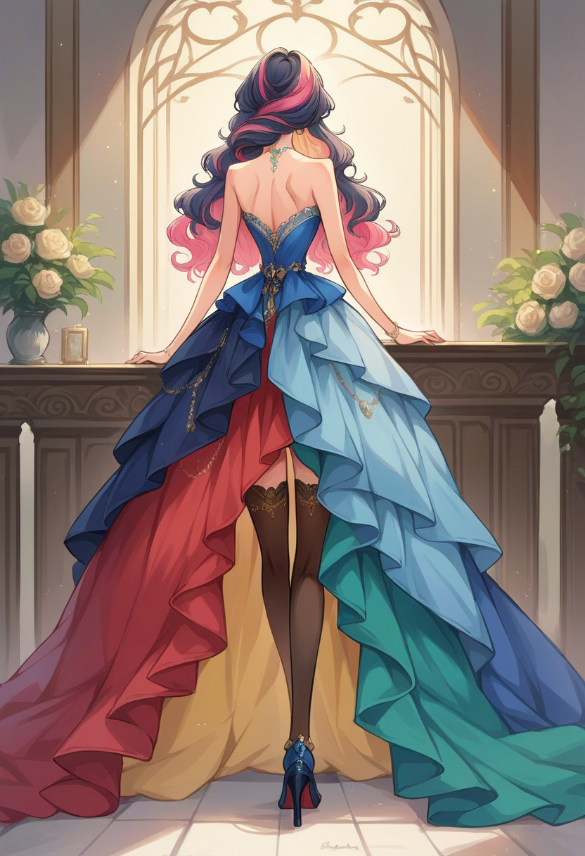 score_9, score_8_up, source_anime, female, <lora:wrenchelegadomepnyxlb2-000005:1.0>,wrenchelegadome, ball gown, layered clothing,jewelry, rear view, thigh highs, high heels, long hair, multicolored hair, multicolored clothing,