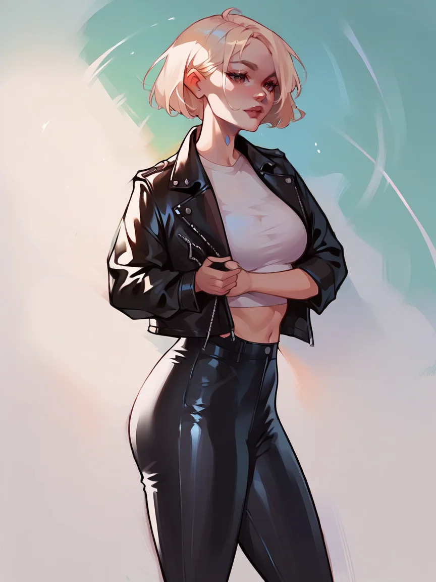 score_9, score_8_up, score_7_up, score_6_up, score_5_up,   <lora:itsyelizXLP:1> itsyeliz,, 1girl, leather jacket, black pants, curvy,