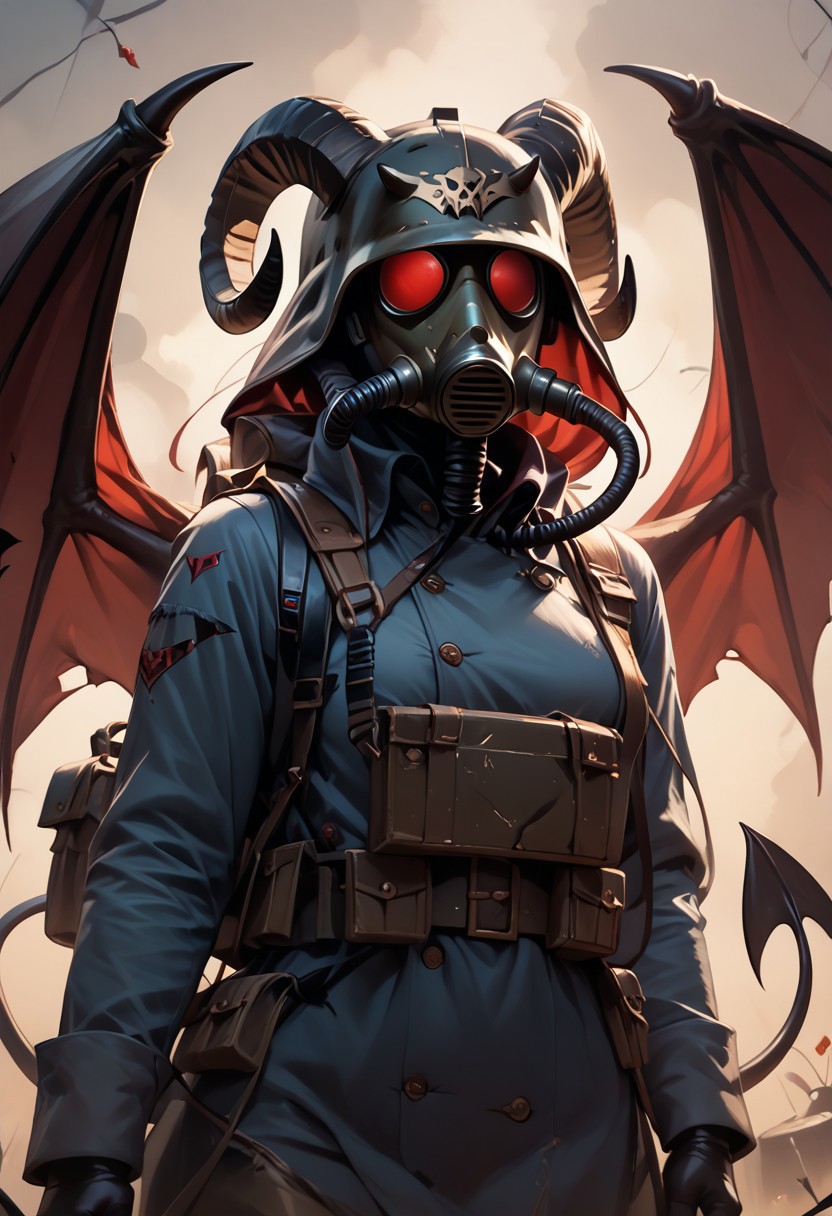 score_9, score_8_up, score_7_up, score_6_up, 1girl, dkok, mask, eyeless, demonify, horns, goat horns, wings, demon wings, tail, devil tail, gas mask,