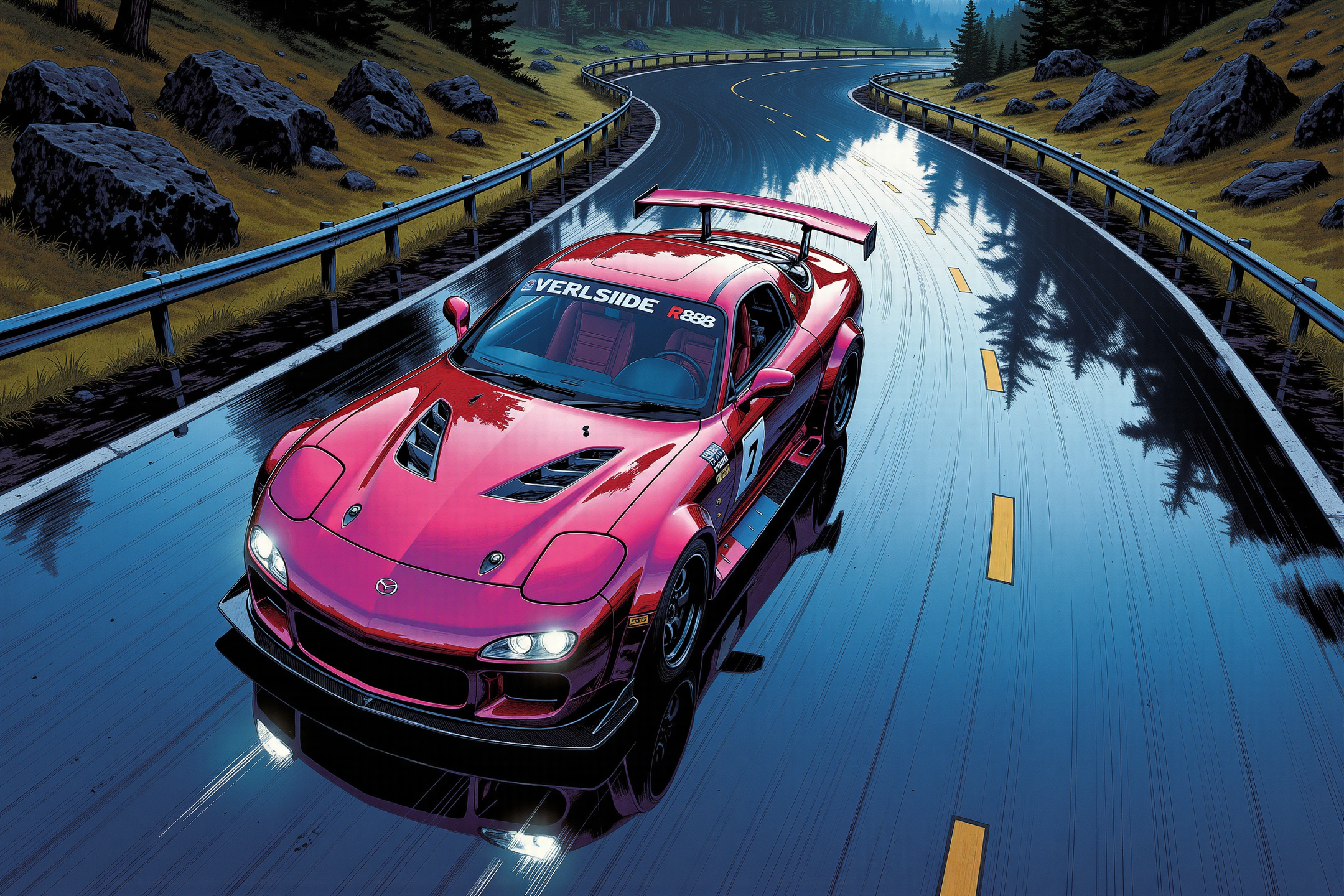 This dynamic portrayal of a (from above view:1.3) of a modified Mazda RX-7 showcases the sleek, dimly moonlit aggressive aesthetics of the VeilSide body kit, (while confidently passing a long arc in an elegant drift:1.2), with every detail radiating power and precision, in the (dark dim midnight environment of lonely serpentine road winding smoothly through the darkness of the wilderness, in a Japan Touge style:1.3). The carâs aerodynamic silhouette is finished in a flashy pink, rich with dark ruby metallic undertones and layered with chrome-like undertone under a polished, mirror-like surface, creating bright glints, enhancing its bold, vibrant presence. The front end features a wide, open grille and sculpted air intakes, emphasizing a high-performance, track-ready look, while sharp lines and carbon hood cuts lend a sense of motion even at a standstill. (The incredibly bright xenon headlights cut through the darkness of the night like bluish-white laser beams, emphasizing overall high tech look:1.2).  Flared wheel arches wrap tightly around the custom (Vossen VFS-1 Satin Black rims), whose intricate spokes add a touch of elegance to the overall muscular form, low profile tires with bold white text "TOYO TIRES R888". The rear is marked by an oversized carbon-fiber wing, solidly mounted for maximum downforce, adding a visual balance to the extended side skirts and front splitters. Racing decals on the side panels subtly accentuate the car's competitive nature, while the reflection on the glossy surface below echoes the carâs vivid colors and aggressive stance, amplifying its presence, (black windshield decal with bold white text "VeilSide" in a style of VeilSide logo). The sharp detailing, high contrast, and (predominantly black color palette sharply contrasting with vibrant colors of the car),  and very dark lighting, evoke a hyper-realistic digital rendering style, capturing the spirit of Japanese tuning culture and high-speed automotive art.
<lora:Comic book V2:1.1> Comic book style.