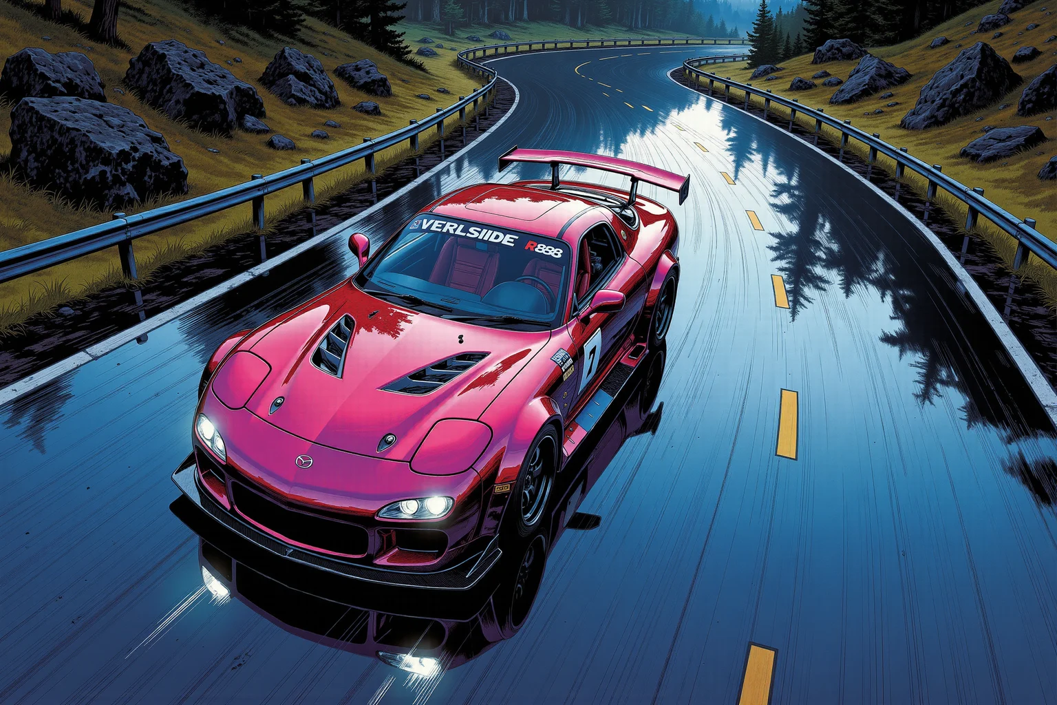 This dynamic portrayal of a (from above view:1.3) of a modified Mazda RX-7 showcases the sleek, dimly moonlit aggressive aesthetics of the VeilSide body kit, (while confidently passing a long arc in an elegant drift:1.2), with every detail radiating power and precision, in the (dark dim midnight environment of lonely serpentine road winding smoothly through the darkness of the wilderness, in a Japan Touge style:1.3). The carâs aerodynamic silhouette is finished in a flashy pink, rich with dark ruby metallic undertones and layered with chrome-like undertone under a polished, mirror-like surface, creating bright glints, enhancing its bold, vibrant presence. The front end features a wide, open grille and sculpted air intakes, emphasizing a high-performance, track-ready look, while sharp lines and carbon hood cuts lend a sense of motion even at a standstill. (The incredibly bright xenon headlights cut through the darkness of the night like bluish-white laser beams, emphasizing overall high tech look:1.2). Flared wheel arches wrap tightly around the custom (Vossen VFS-1 Satin Black rims), whose intricate spokes add a touch of elegance to the overall muscular form, low profile tires with bold white text "TOYO TIRES R888". The rear is marked by an oversized carbon-fiber wing, solidly mounted for maximum downforce, adding a visual balance to the extended side skirts and front splitters. Racing decals on the side panels subtly accentuate the car's competitive nature, while the reflection on the glossy surface below echoes the carâs vivid colors and aggressive stance, amplifying its presence, (black windshield decal with bold white text "VeilSide" in a style of VeilSide logo). The sharp detailing, high contrast, and (predominantly black color palette sharply contrasting with vibrant colors of the car), and very dark lighting, evoke a hyper-realistic digital rendering style, capturing the spirit of Japanese tuning culture and high-speed automotive art.
<lora:Comic book V2:1.1> Comic book style.