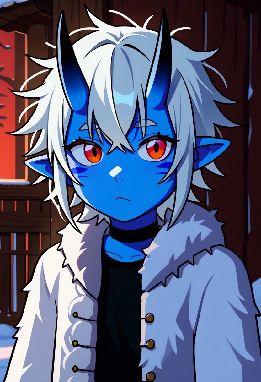 1girl, 25 years old, perfect face, cute, petite, red eyes, white hair, short hair, messy hair, crossed bangs, hair between eye, pointy ears, black choker, (blue skin:1.2), (oni:1.2), blue oni, facial tattoo, Winter Fur Coat, tattoos, Tribal architecture, animal skin tents, south pole, cowboy shot,