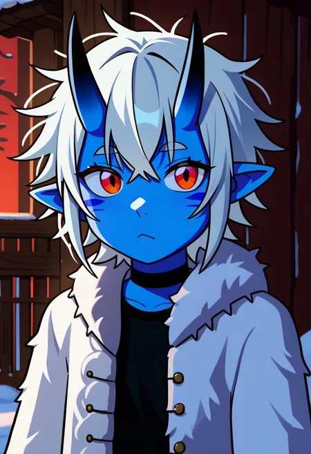 1girl, 25 years old, perfect face, cute, petite, red eyes, white hair, short hair, messy hair, crossed bangs, hair between eye, pointy ears, black choker, (blue skin:1.2), (oni:1.2), blue oni, facial tattoo, Winter Fur Coat, tattoos, Tribal architecture, animal skin tents, south pole, cowboy shot,