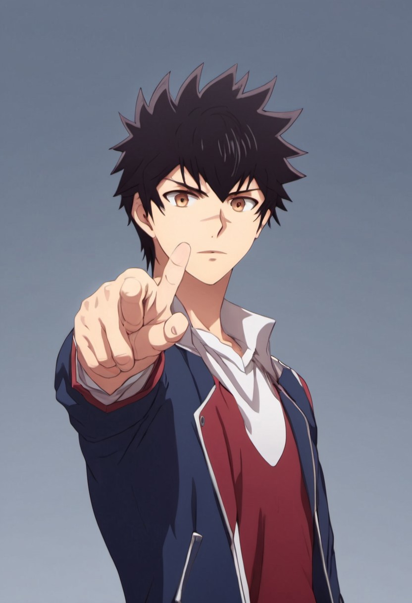 high resolution, solo, best quality, 1Boy, Kanata Hoshijima, Black hair, Brown Eyes, Pointing towards the viewer, engaging, direct, focused,
